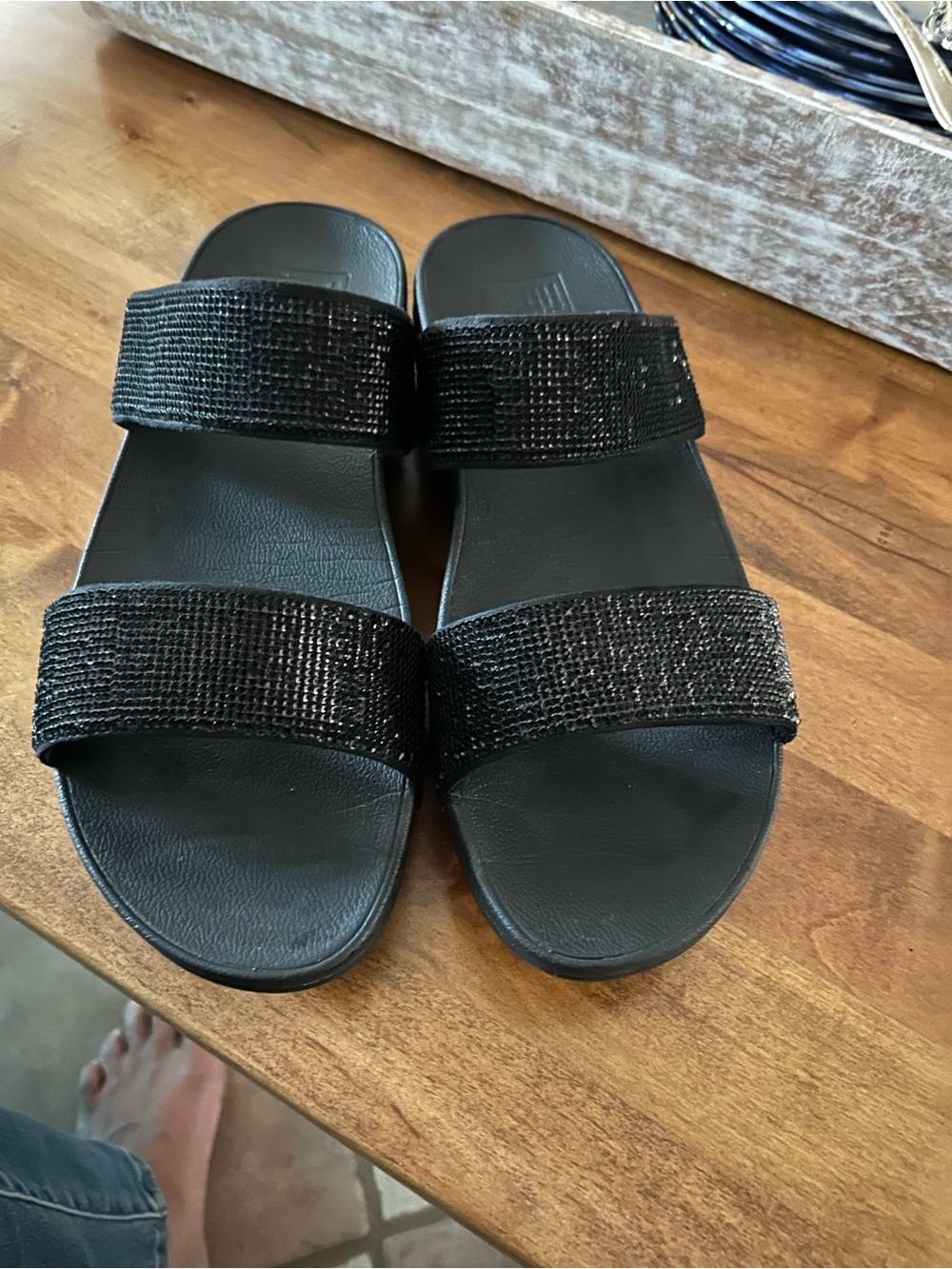 Fitflop Black Double-Strap Slide Sandals with Sparkle Detail
